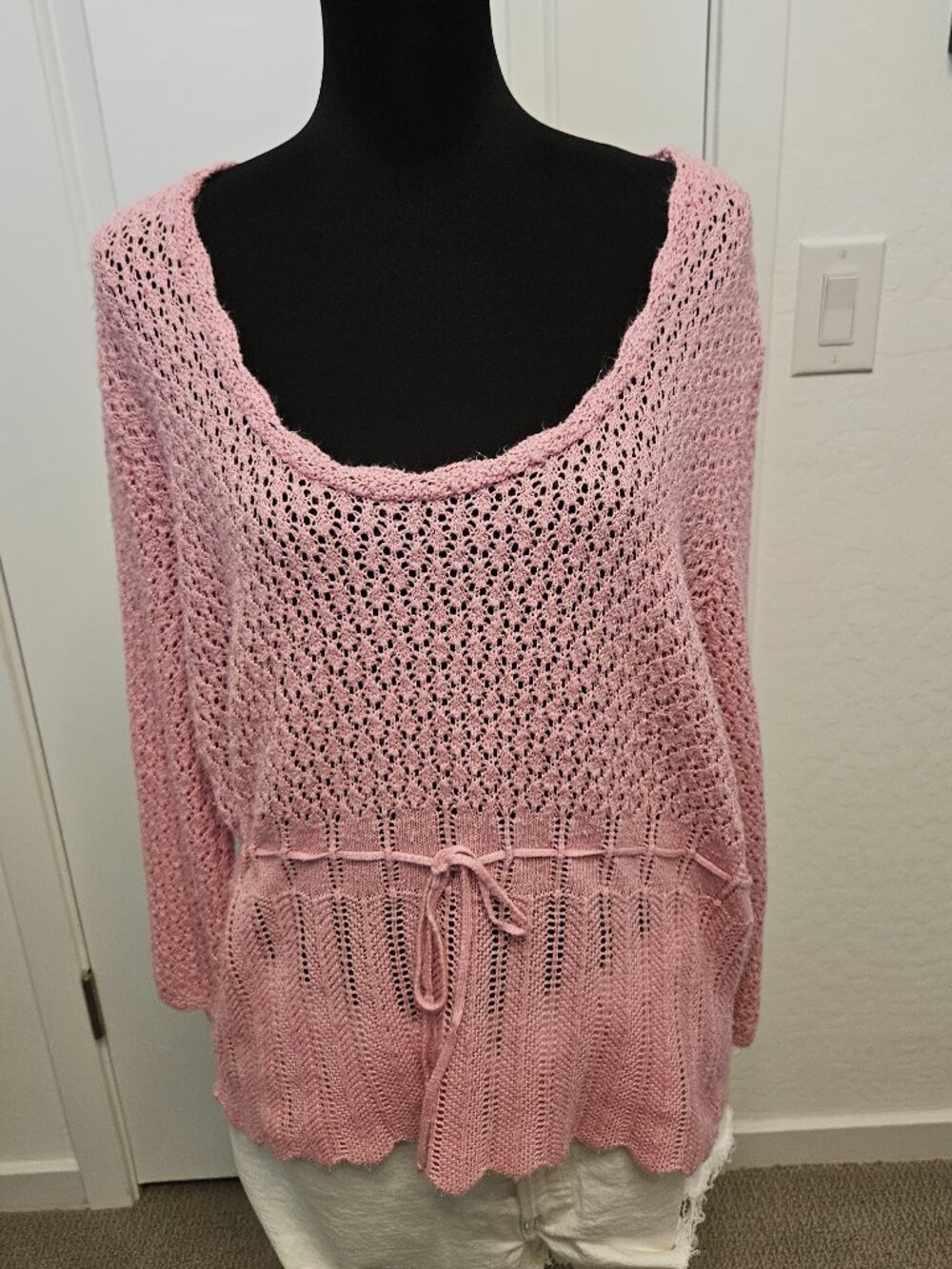 Say What? Black, Pink, Green Open-knit crochet sweater scoop neck size 3 of 3